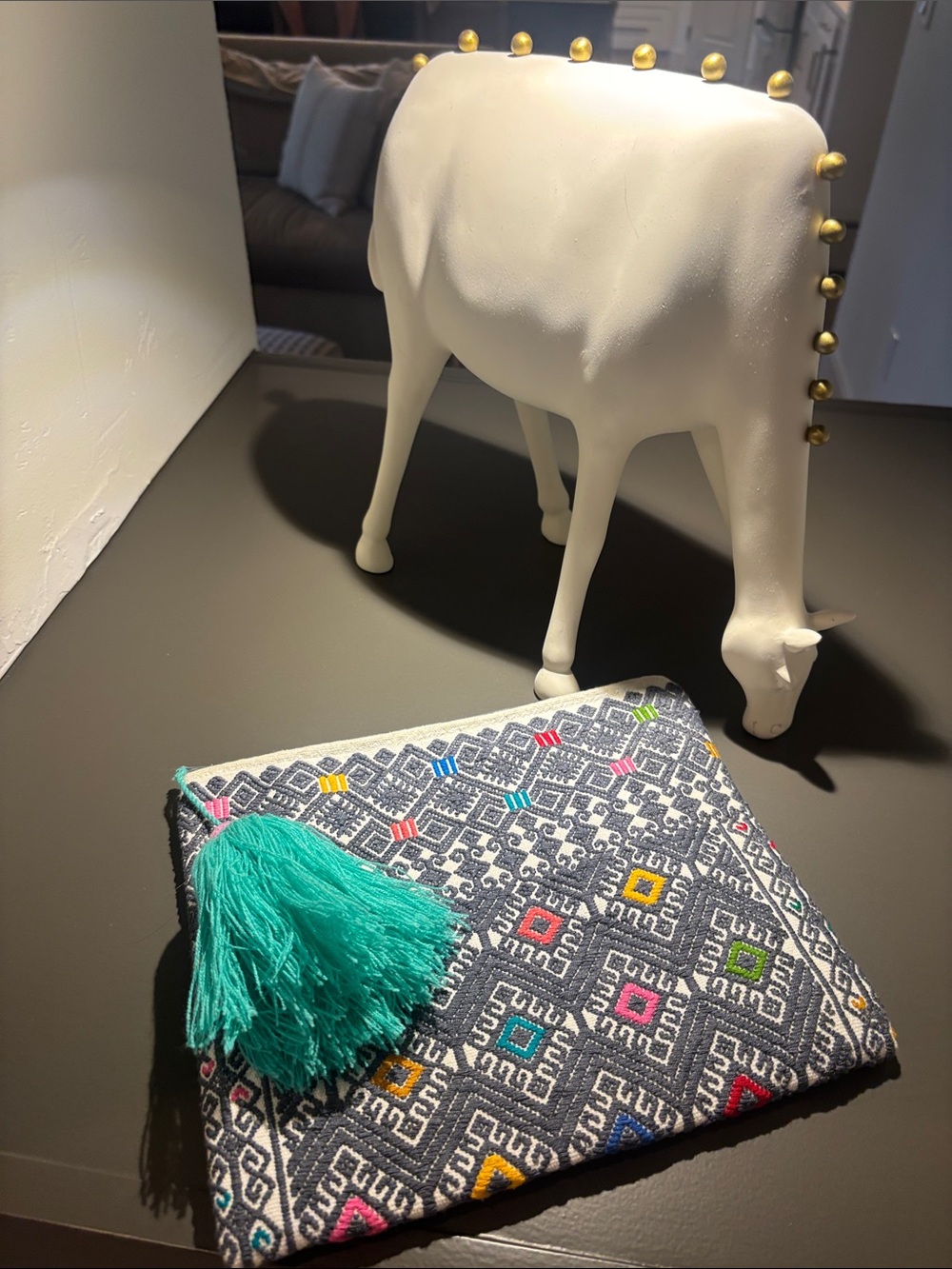 Embroidered Geometric Clutch with Teal Tassel